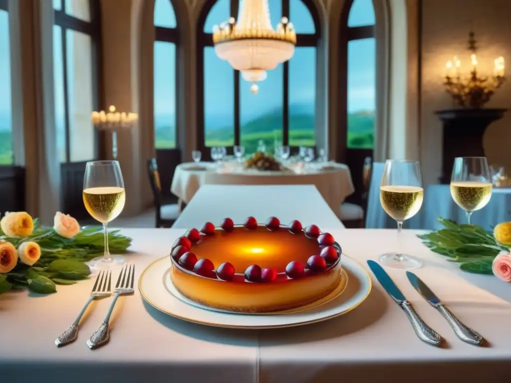 Una escena gastronómica francesa literaria donde personajes cenan en un lujoso château