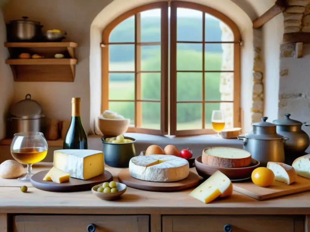 Una escena gastronómica francesa con vinos, quesos y recetas tradicionales en una cocina rústica del norte de Francia