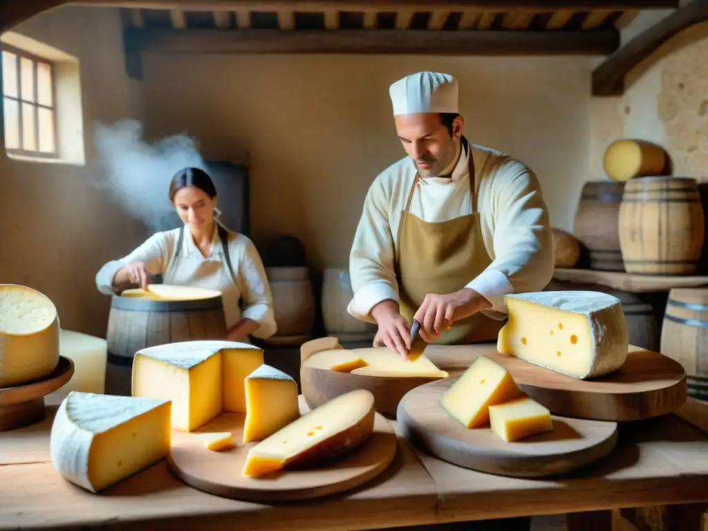 Una escena de granja tradicional francesa con artesanos elaborando queso, resaltando la historia del queso francés tradicional