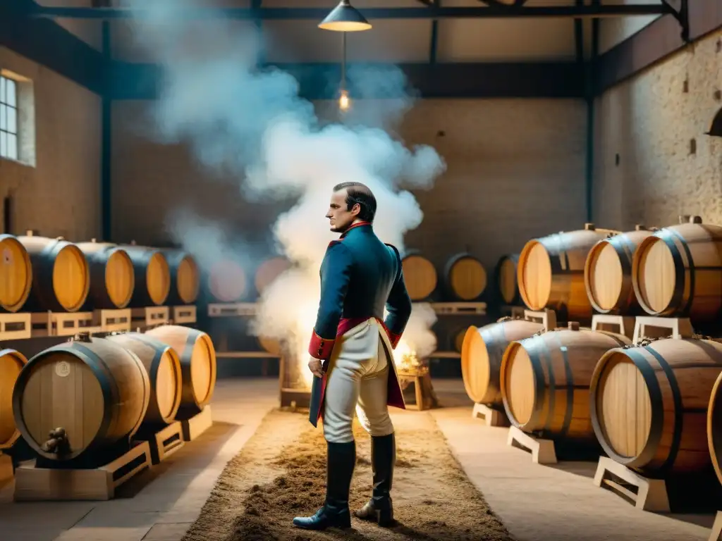 Escena histórica: Napoleón Bonaparte visita destilería de cognac, destacando su influencia en la industria