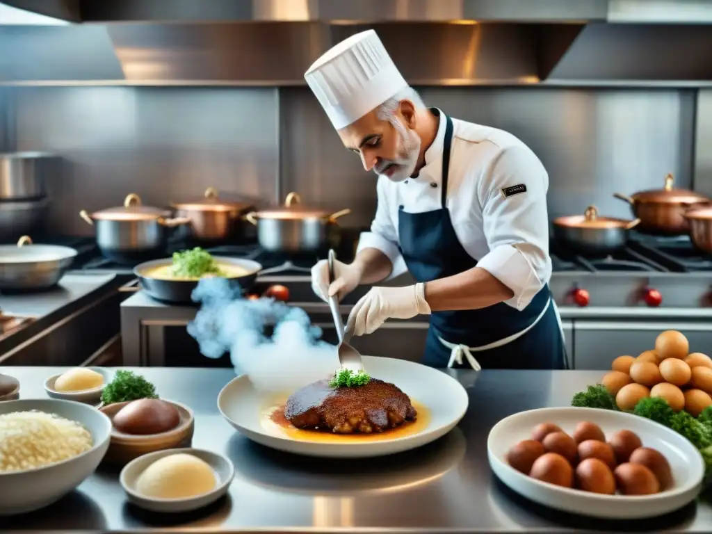 Escena histórica de la gastronomía francesa: Escoffier elaborando plato clásico en cocina parisina del siglo XIX