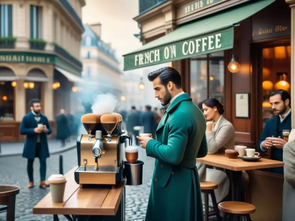 Escena histórica de café parisino con influencia italiana, origen espresso francés