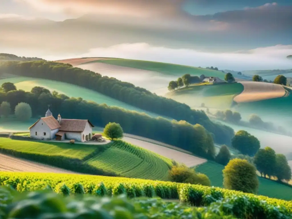 Escena idílica de la campiña francesa con vacas pastando en verdes colinas y una granja láctea tradicional al atardecer