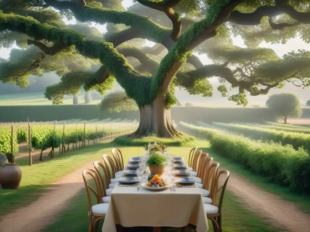 Una escena idílica en el campo francés con una mesa llena de platillos típicos y personas disfrutando, reflejando la dieta francesa vida saludable