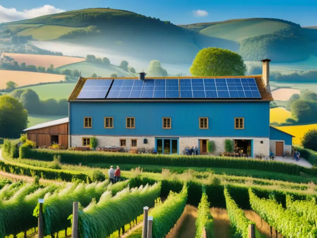 Escena idílica de cervecería artesanal francesa sostenible en campo verde y flores, con agricultores cosechando lúpulo y cebada