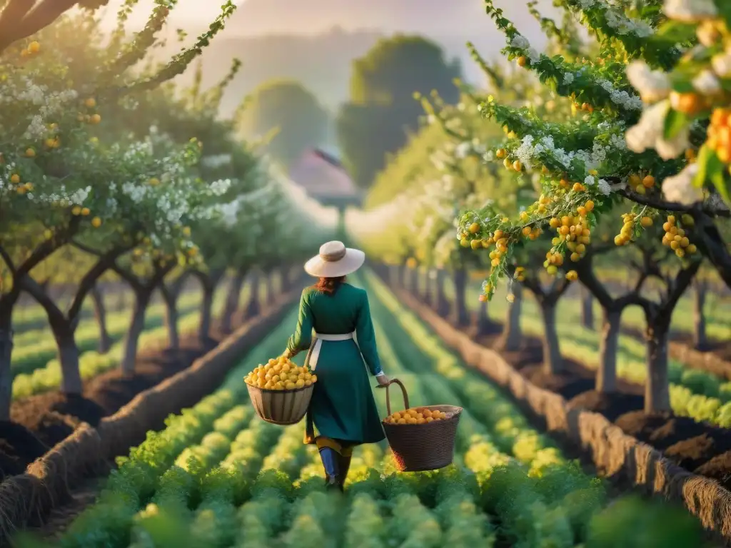 Una escena idílica de la cosecha de Mirabelles de Lorraine auténticas delicias, con granjeros recolectando frutas doradas en un prado florido