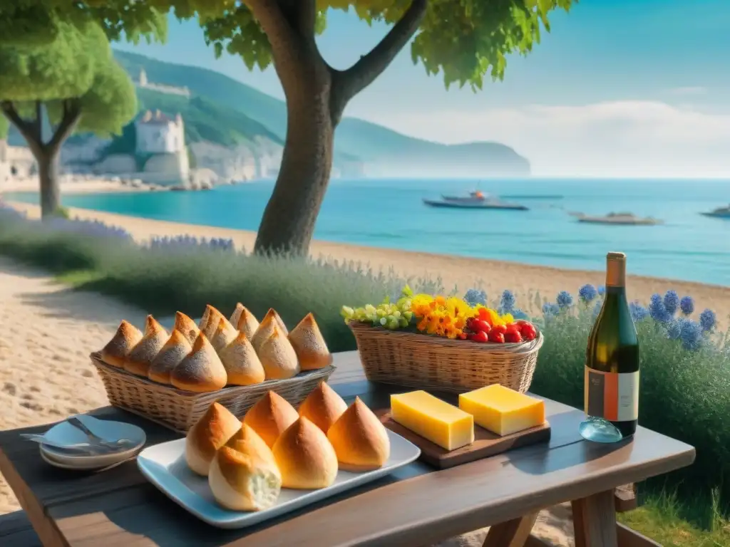 Una escena idílica en la costa francesa: mesa con mariscos, vino y quesos, bicicletas con baguettes y flores