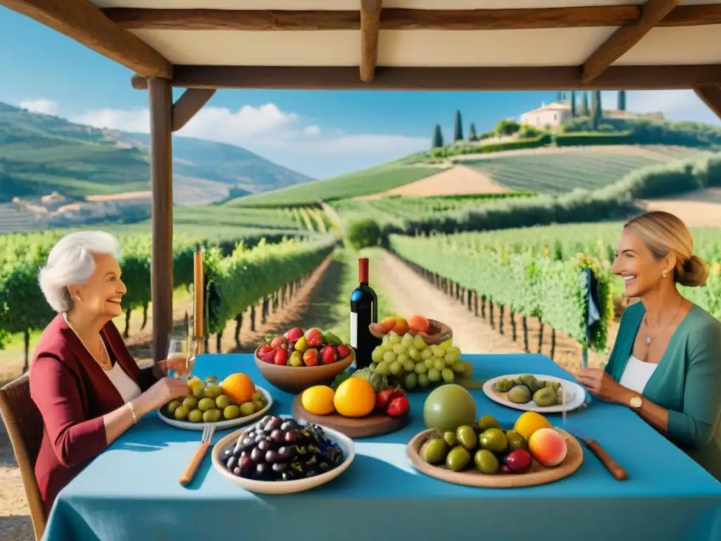 Una escena idílica de la Dieta Mediterránea Francesa para salud: familia disfrutando comida fresca en viñedos verdes bajo cielo azul