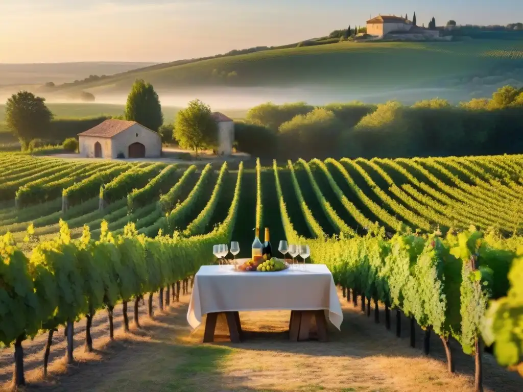 Una escena idílica de enoturismo en familia en Francia, con viñedos al atardecer y una bodega encantadora de fondo