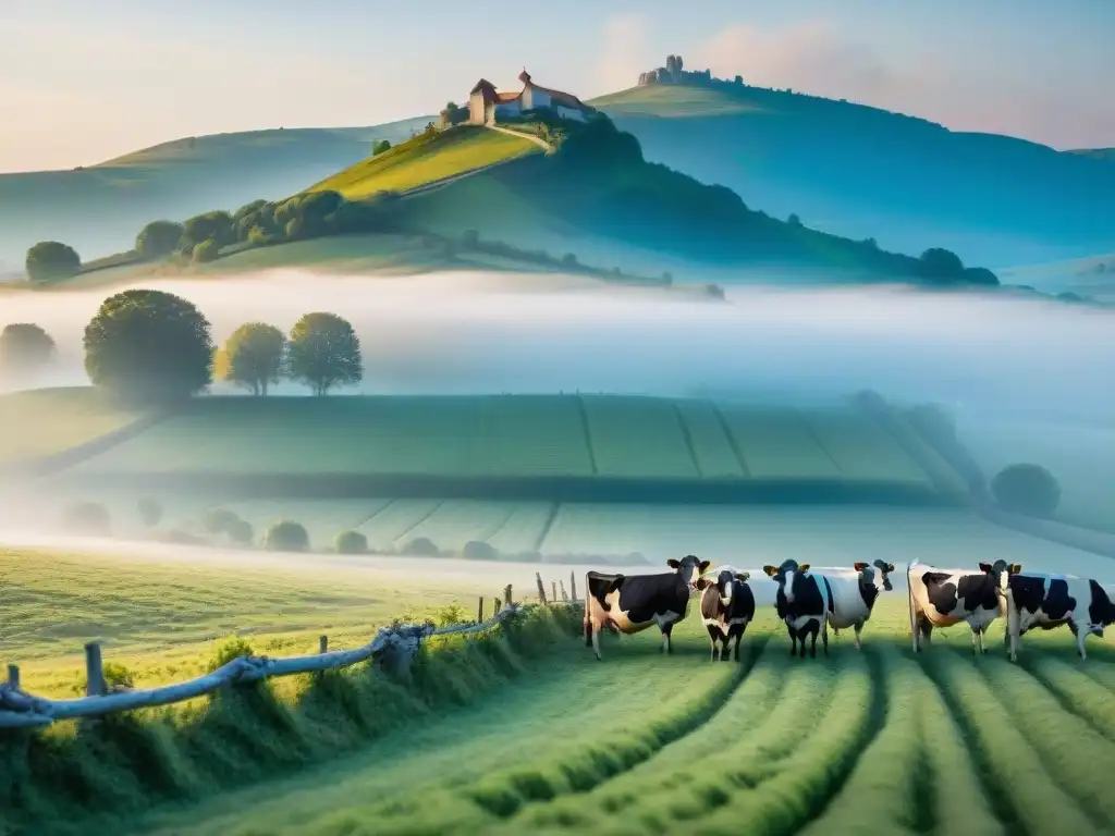 Escena idílica de una granja láctea francesa al amanecer con vacas pastando, resaltando la revolución láctea en la gastronomía de Francia