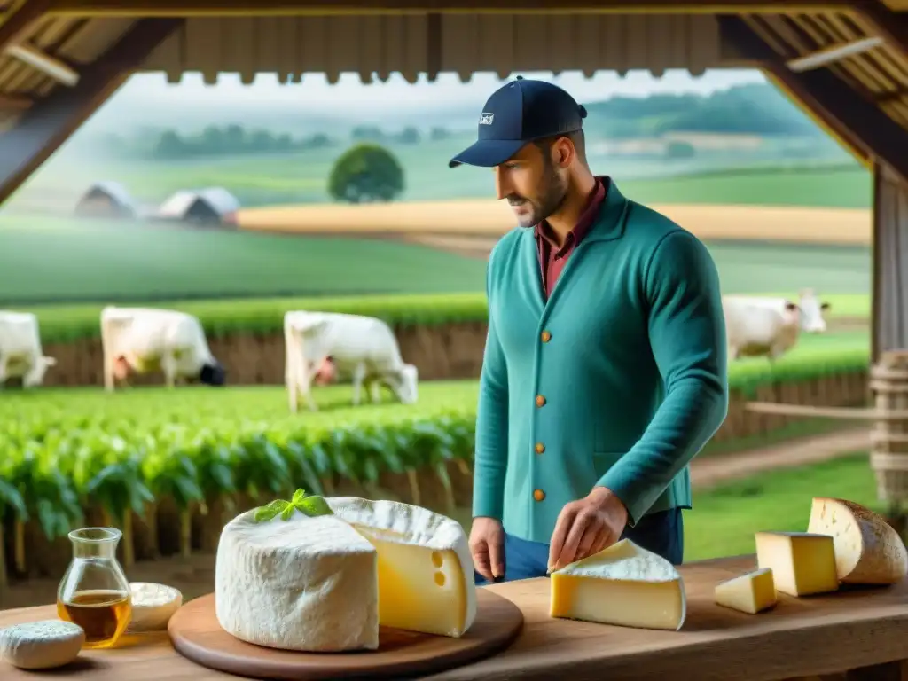 Escena idílica de una granja láctea en Normandía, con vacas pastando y un granjero elaborando queso Camembert