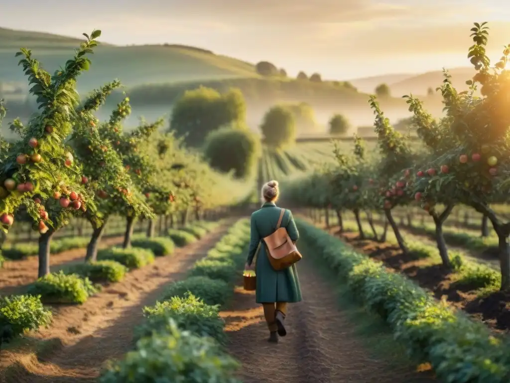 Escena idílica de un huerto de manzanas en la campiña francesa al atardecer dorado, destacando la tradición de la sidra francesa