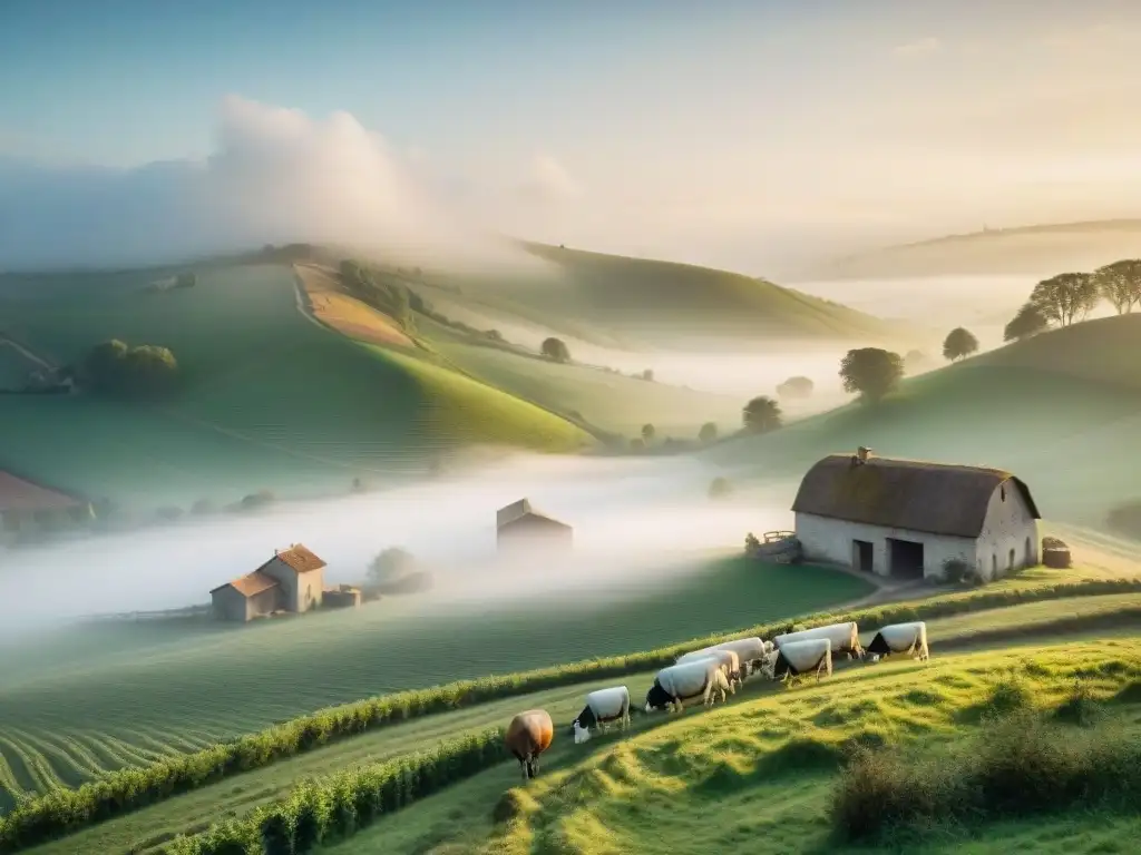 Escena idílica de producción sostenible de queso en una granja francesa al amanecer