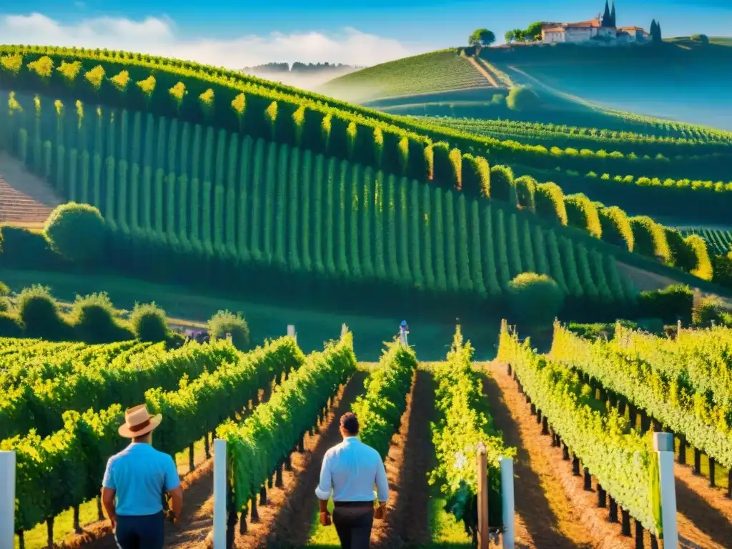 Una escena idílica de vendimia en un viñedo francés, donde la tradición gastronómica francesa brilla en la meticulosa cosecha de uvas