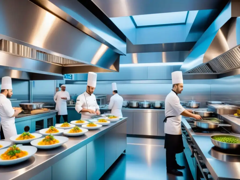 Escena innovadora: cocina francesa con inteligencia artificial, chefs y tecnología futurista