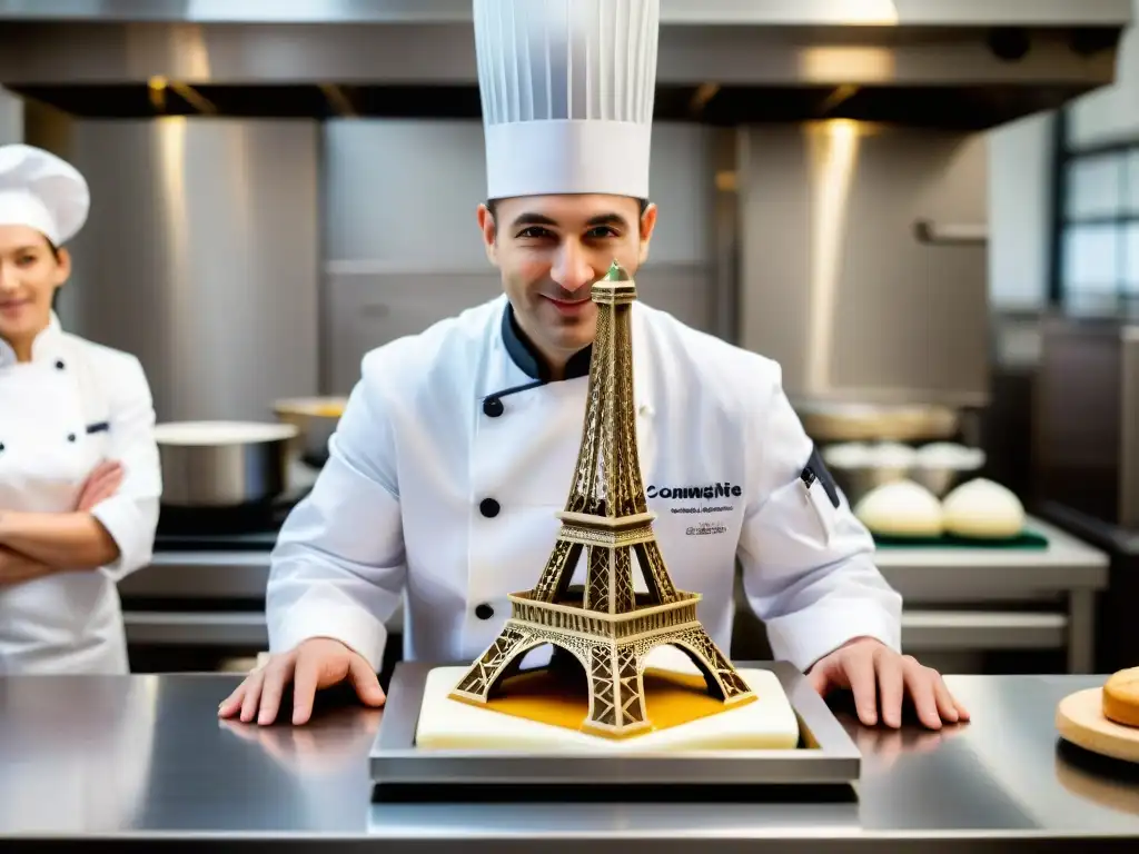 Una escena innovadora en una cocina francesa: una impresora 3D crea una escultura de azúcar de la Torre Eiffel, rodeada de estudiantes y chefs