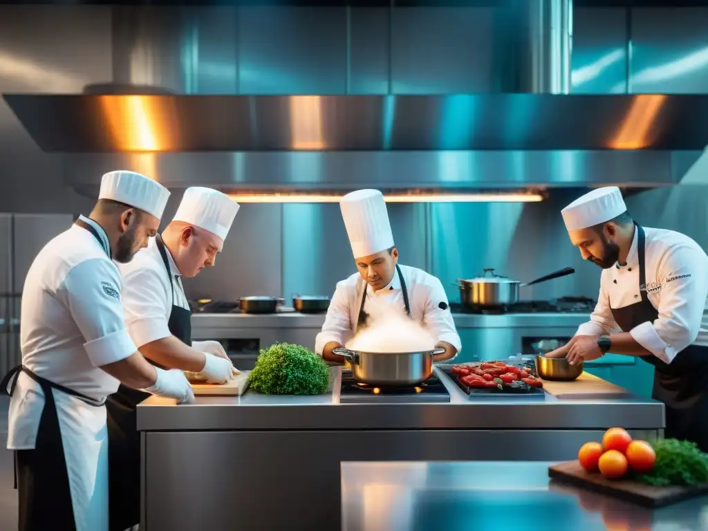 Escena intensa en concurso gastronómico: chefs famosos y concursante compiten en desafío culinario bajo presión en cocina de alta tecnología