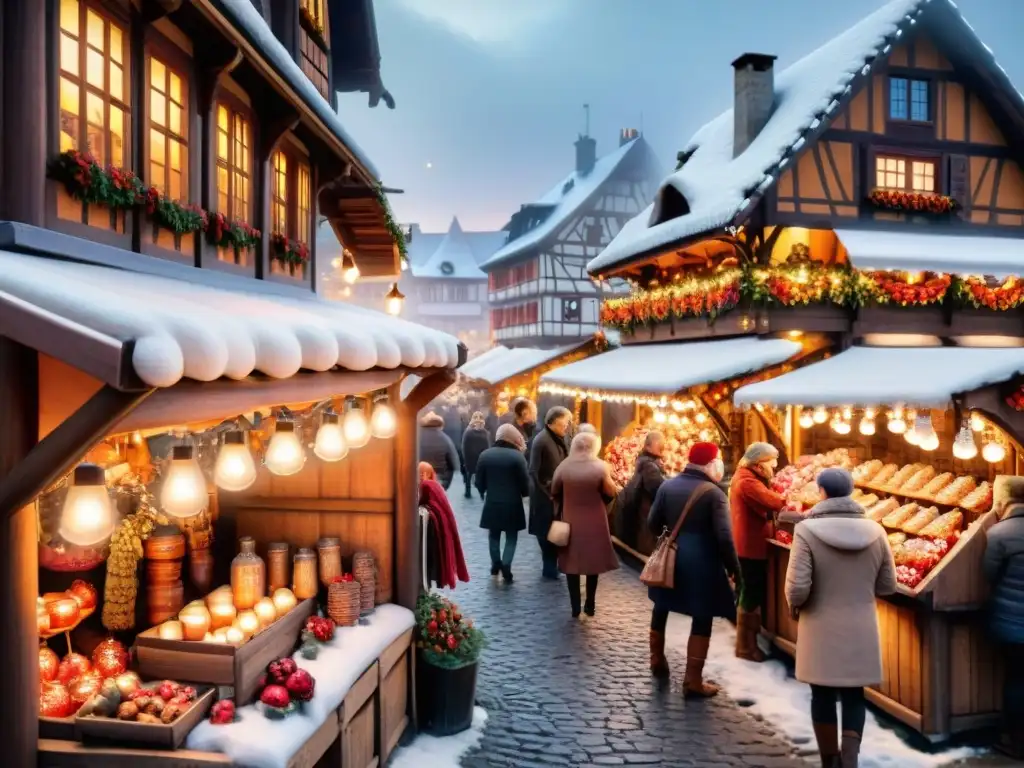 Escena invernal mágica en el Mercado Navideño de Estrasburgo, con delicias gastronómicas y adornos artesanales