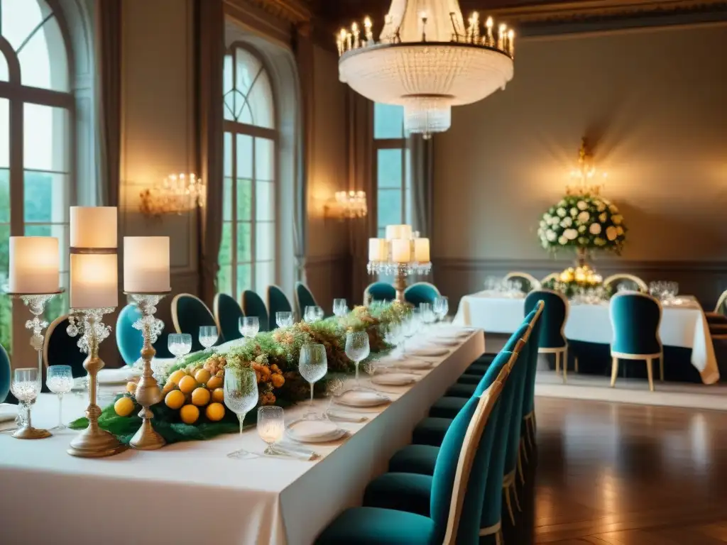 Una escena lujosa de banquete en un château francés de la Belle Époque, con exquisita gastronomía y ambiente cálido