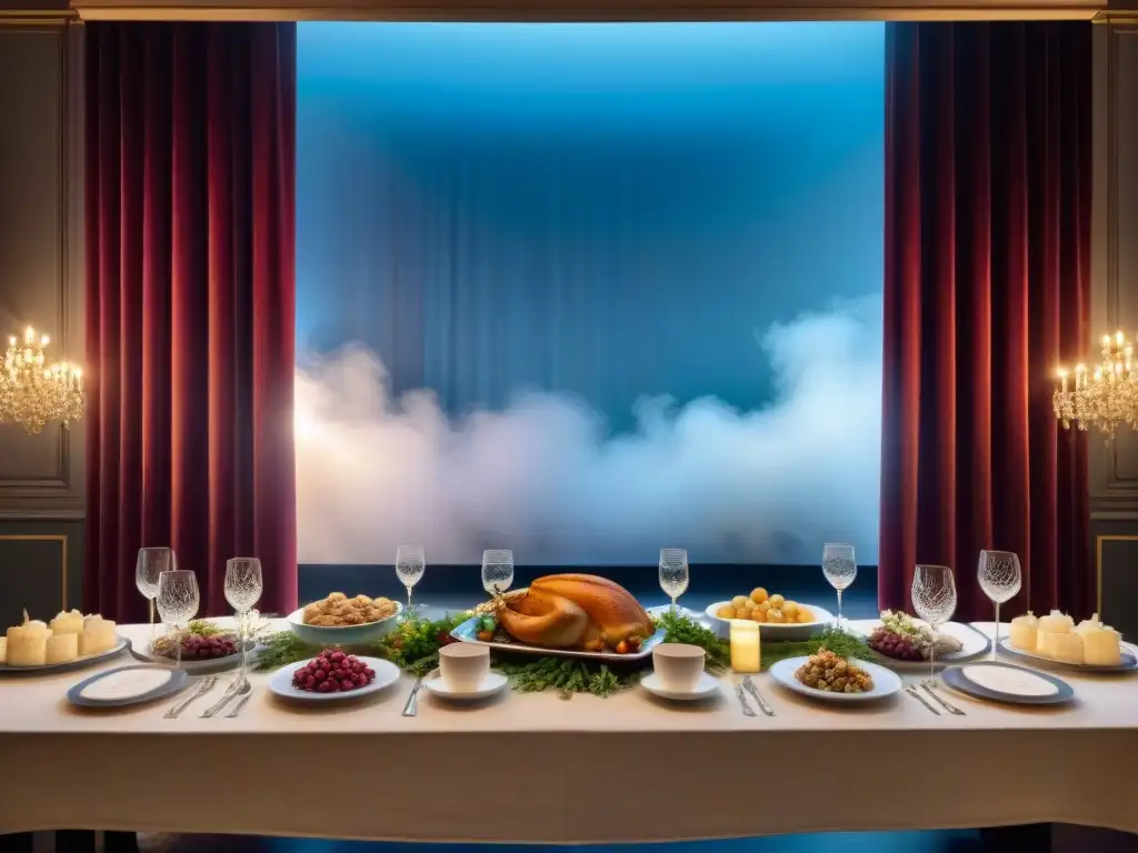 Una escena lujosa de banquete francés en un teatro, con comida opulenta, cubertería elegante y copas de cristal