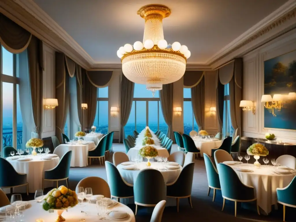 Una escena lujosa de un elegante comedor en Le Meurice en París, con chefs preparando exquisiteces francesas