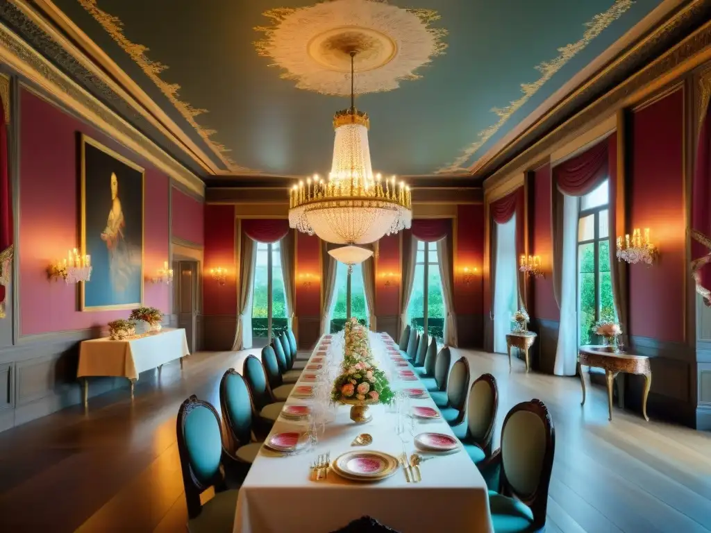 Una escena lujosa de gastronomía francesa en un castillo histórico, con muebles antiguos, candelabros brillantes y fina vajilla