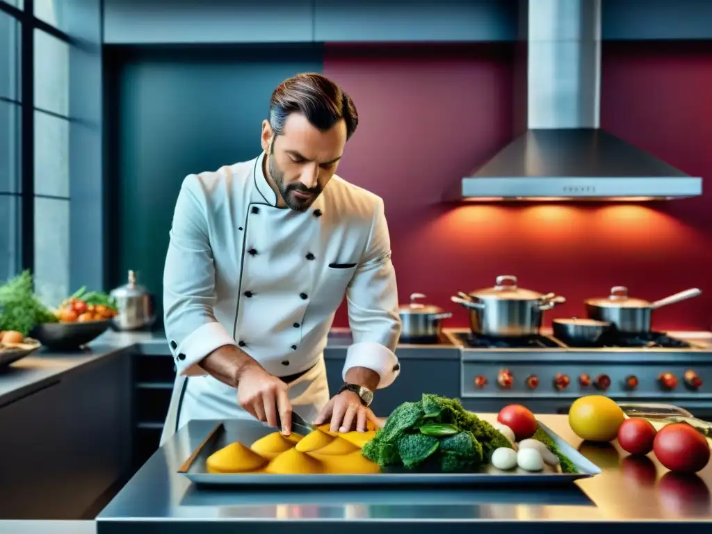 Una escena lujosa en París: diseñador de moda y chef francés crean juntos en una cocina chic