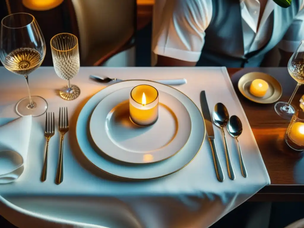 Escena lujosa en restaurante estrella Michelin en Francia con mesa elegante y servicio impecable