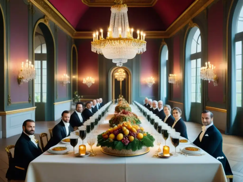 Una escena lujosa de un salón de banquetes francés del siglo XVIII, muestra la influencia de la Revolución Francesa en el arte culinario