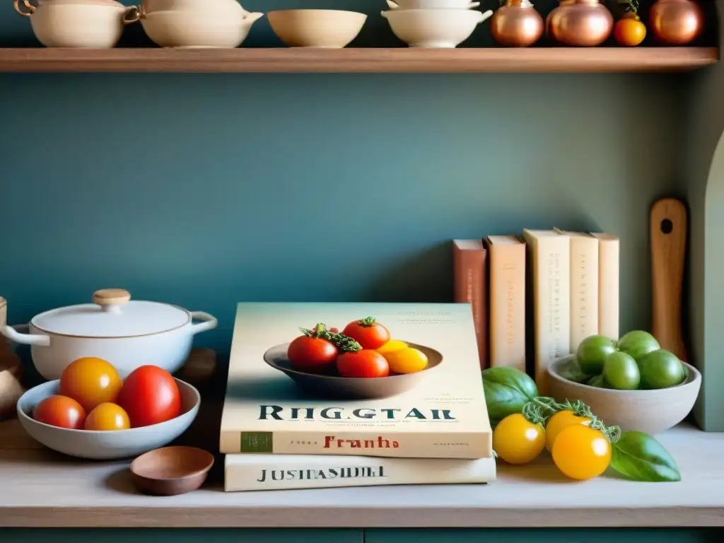 Escena mágica de cocina francesa con ingredientes frescos y libros antiguos, ideal para aplicaciones para cocinar recetas francesas