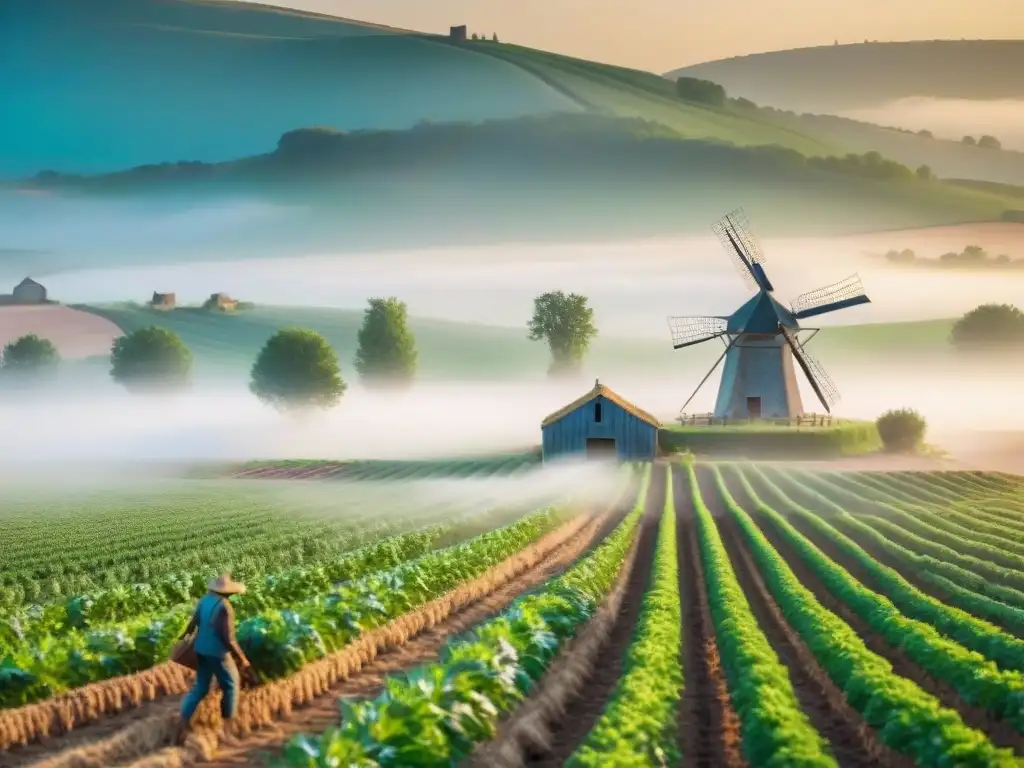 Escena mágica de una granja orgánica francesa al amanecer, con cultivos verdes y granja rústica