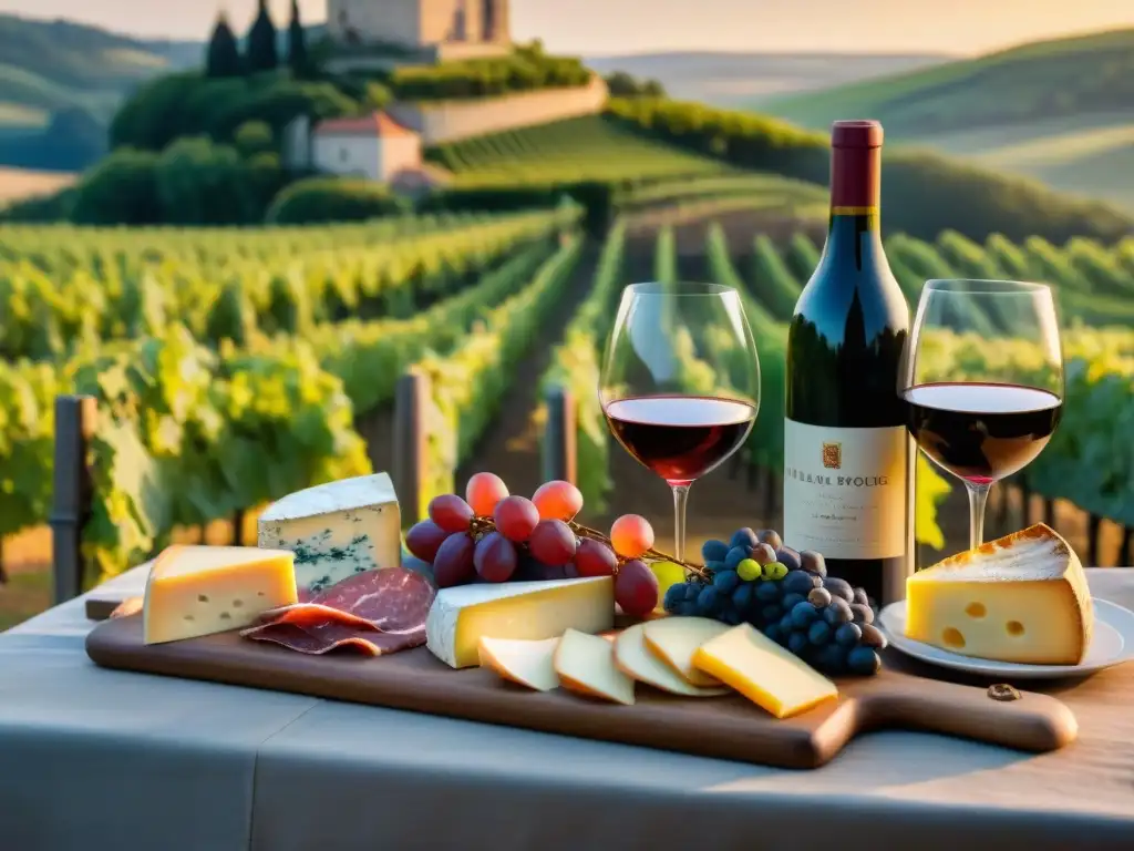 Viñedo idílico al atardecer: Tradición y exquisitez francesa Una escena mágica de una histórica bodega francesa al atardecer, con mesa de delicias francesas