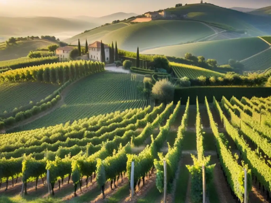 Una escena mágica en los viñedos de Borgoña al atardecer, donde trabajadores cosechan uvas