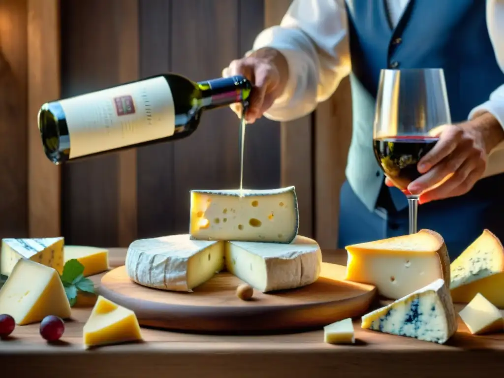 Escena magnífica de maridaje: sommelier sirviendo vino francés con quesos Brie, Camembert y Roquefort