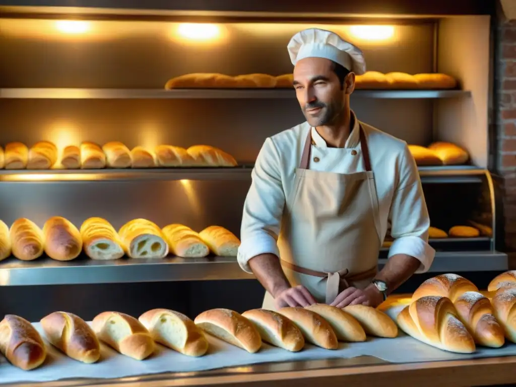 Escena matutina en panadería francesa rústica con historia baguette y croissant Francia