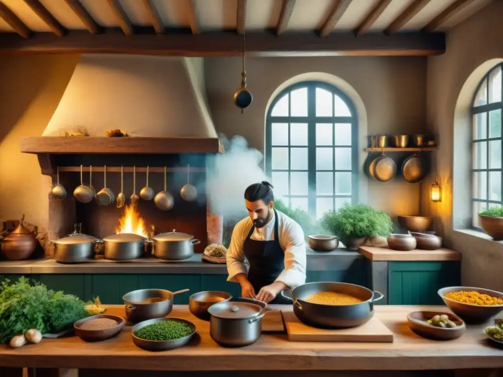 Una escena medieval francesa en una cocina con chef preparando un festín