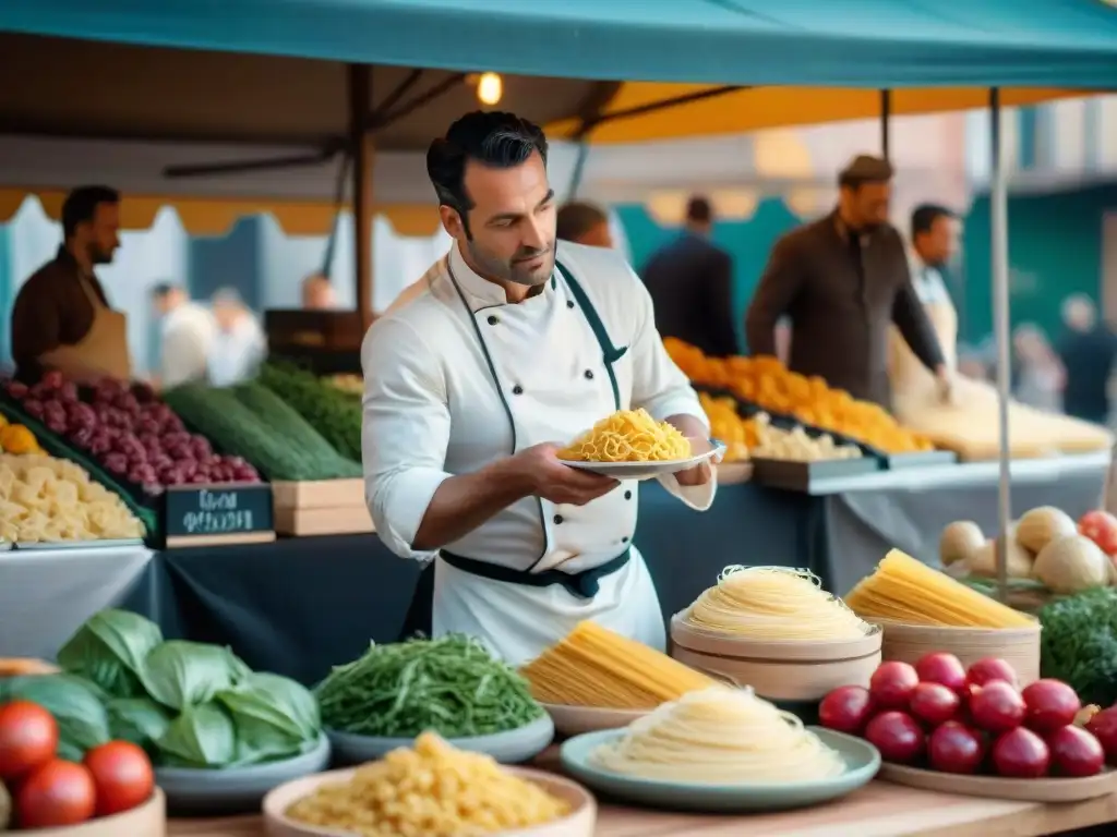 Una escena de mercado bullicioso en Francia con influencia gastronomía francesa de inmigrantes italianos