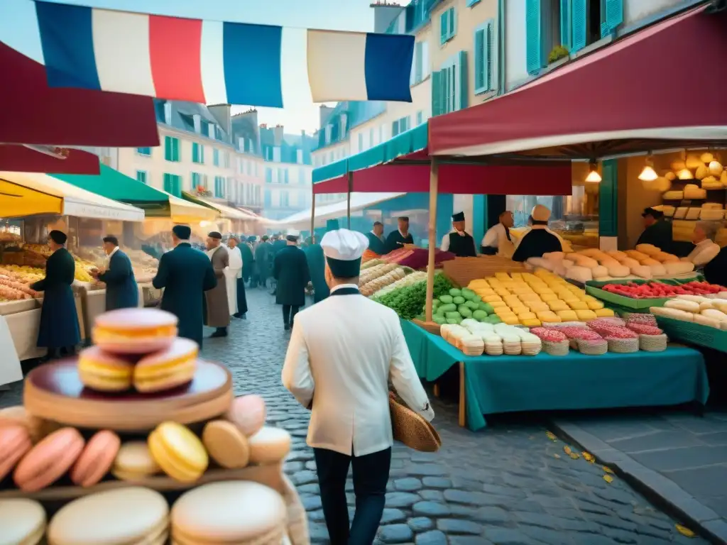 Escena de mercado francés con chefs y productos locales