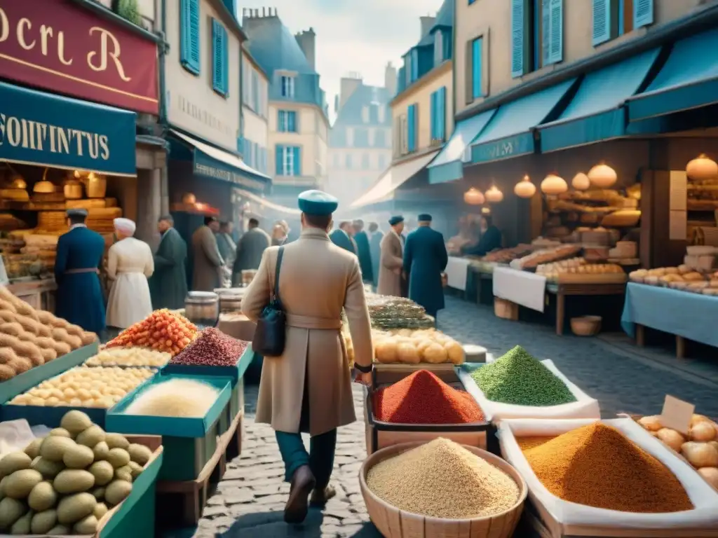 Escena de mercado francés en guerra, fusionando sabores con influencia de guerras en gastronomía