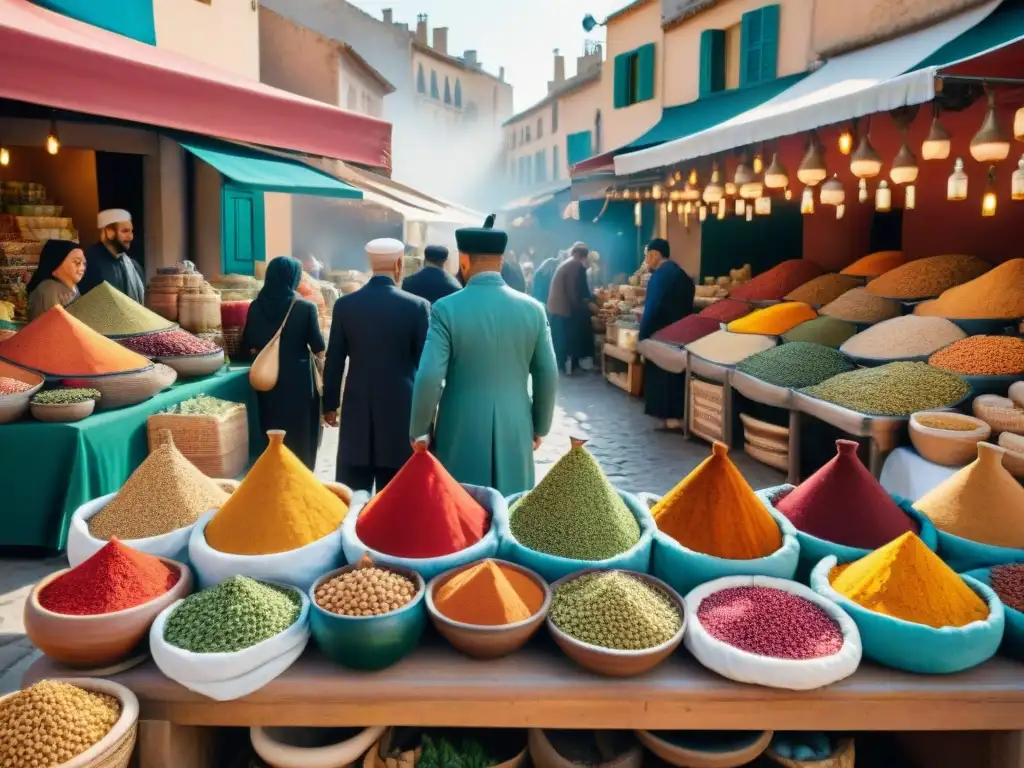 Escena de mercado francés con influencia árabe, mostrando especias y hierbas en tagines, bajo el sol mediterráneo