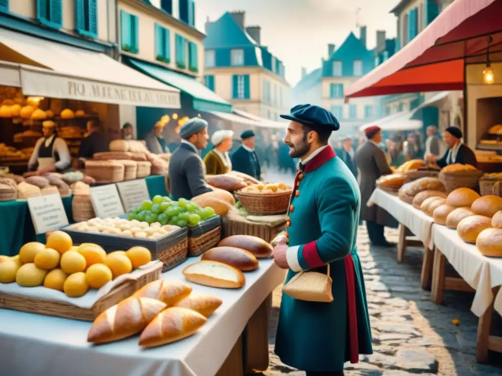 Escena de mercado francés durante la Revolución, con vendedores de pan, frutas, quesos y personas en animadas conversaciones