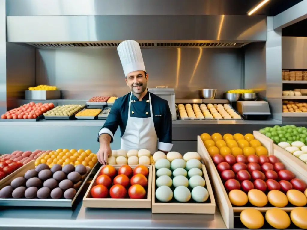 Escena de mercado francés tradicional contrasta con cocina moderna, historia e innovación en ingredientes de la cocina francesa evolución