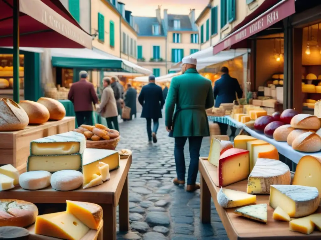 Una escena de mercado francés tradicional rebosante de vida, con quesos artesanales, vinos y baguettes