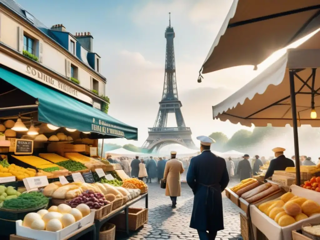 Escena de mercado francés con vibrantes productos, quesos y baguettes bajo la suave luz matutina