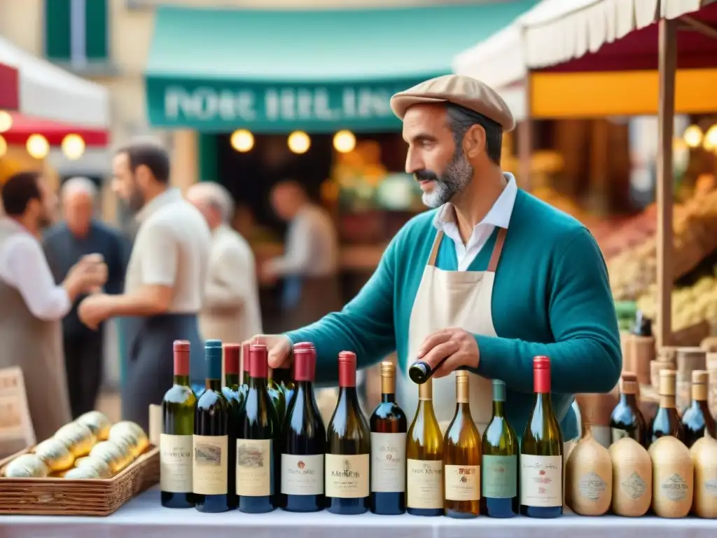 Escena de mercado francés con vinos escondidos, vendedor y cliente en animada conversación