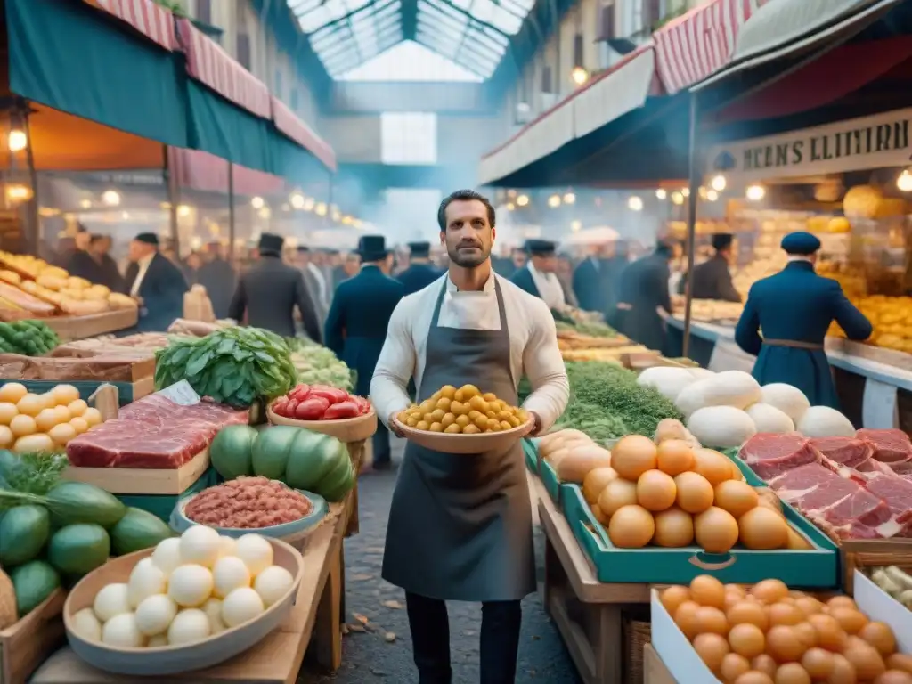 Escena de mercado parisino durante la Revolución Francesa con influencia en la gastronomía