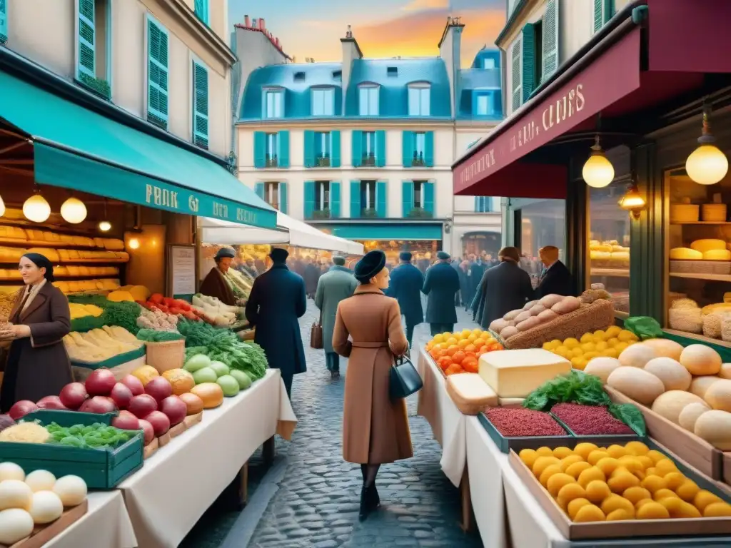 Escena de mercado parisino del siglo XIX: colores vibrantes, gastronomía francesa del siglo XIX y arquitectura elegante