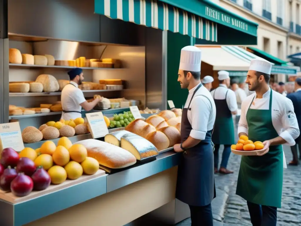 Escena de mercado parisino vibrante con ingredientes frescos y chefs mostrando innovación culinaria francesa global