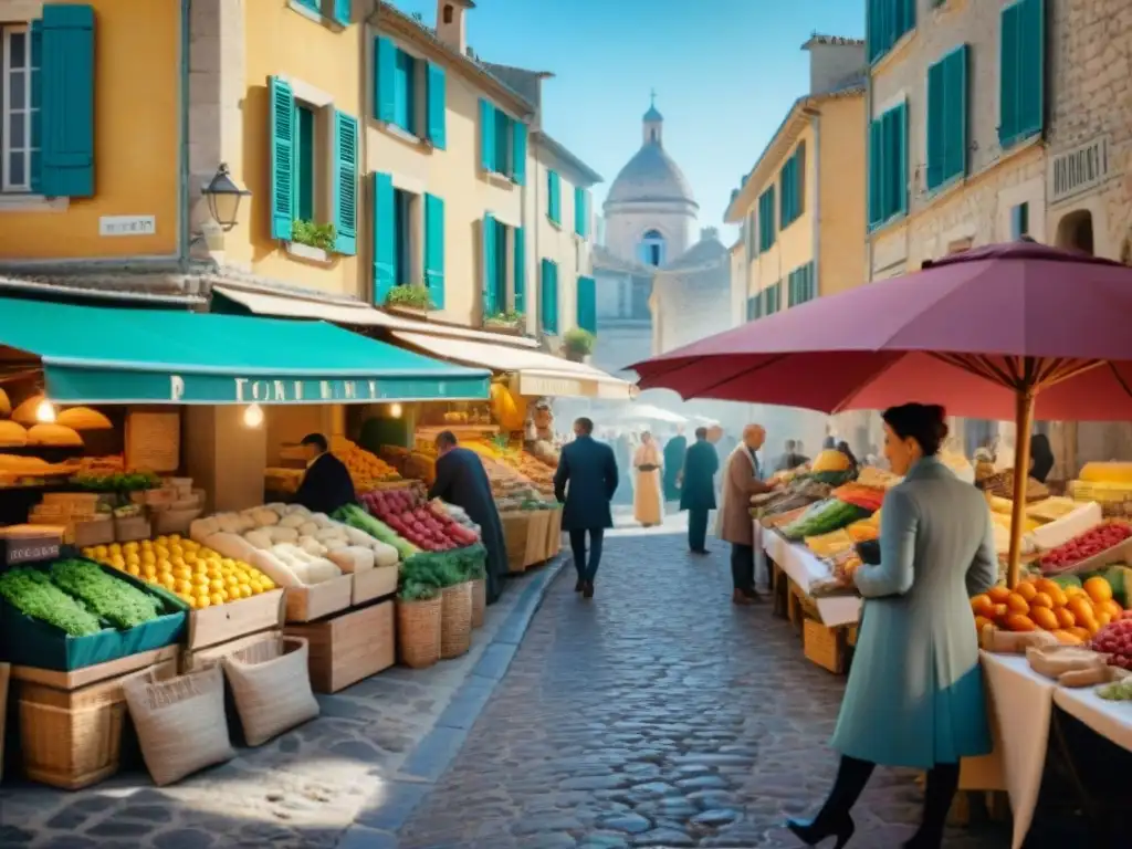 Escena de mercado en Provenza con gastronomía francesa tradicional innovadora