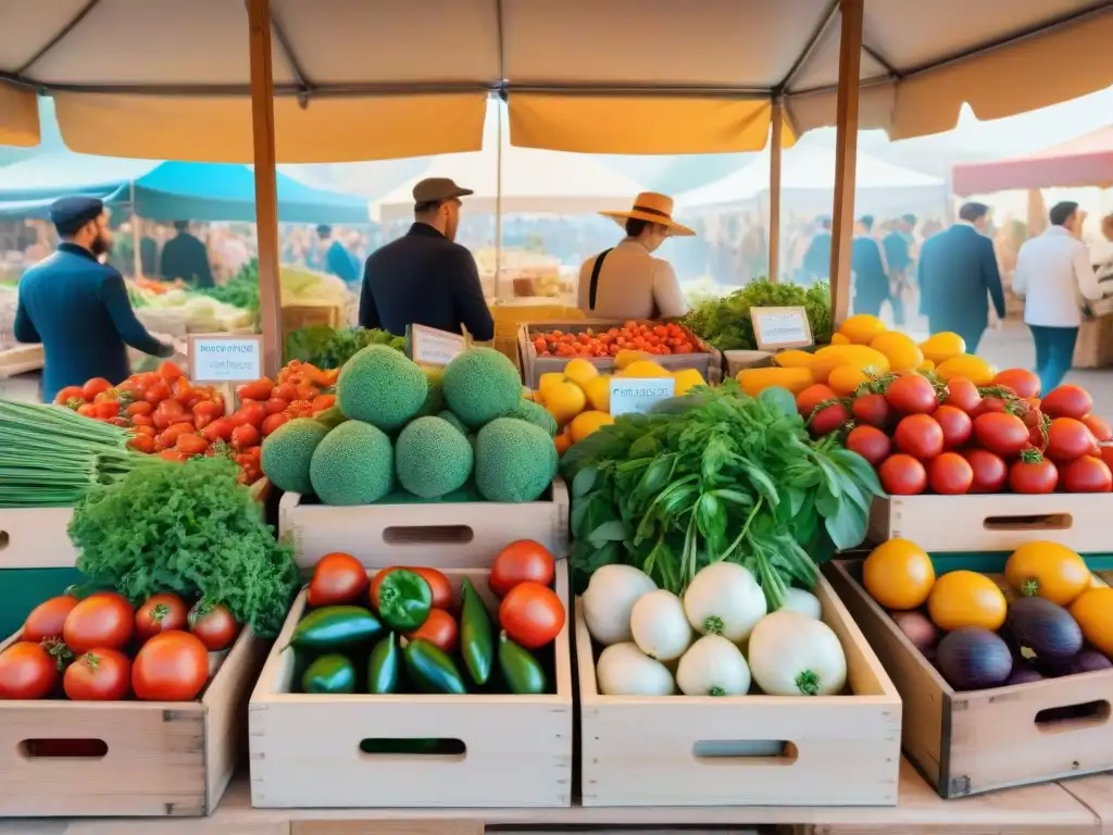 Una escena del mercado tradicional provenzal, con productos frescos y coloridos bajo el cálido sol mediterráneo